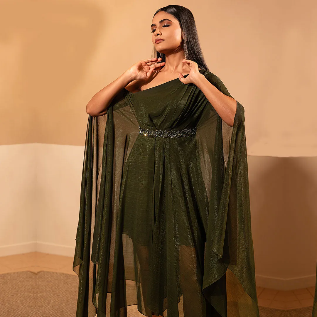 Army Green Off-Shoulder Draped Dress