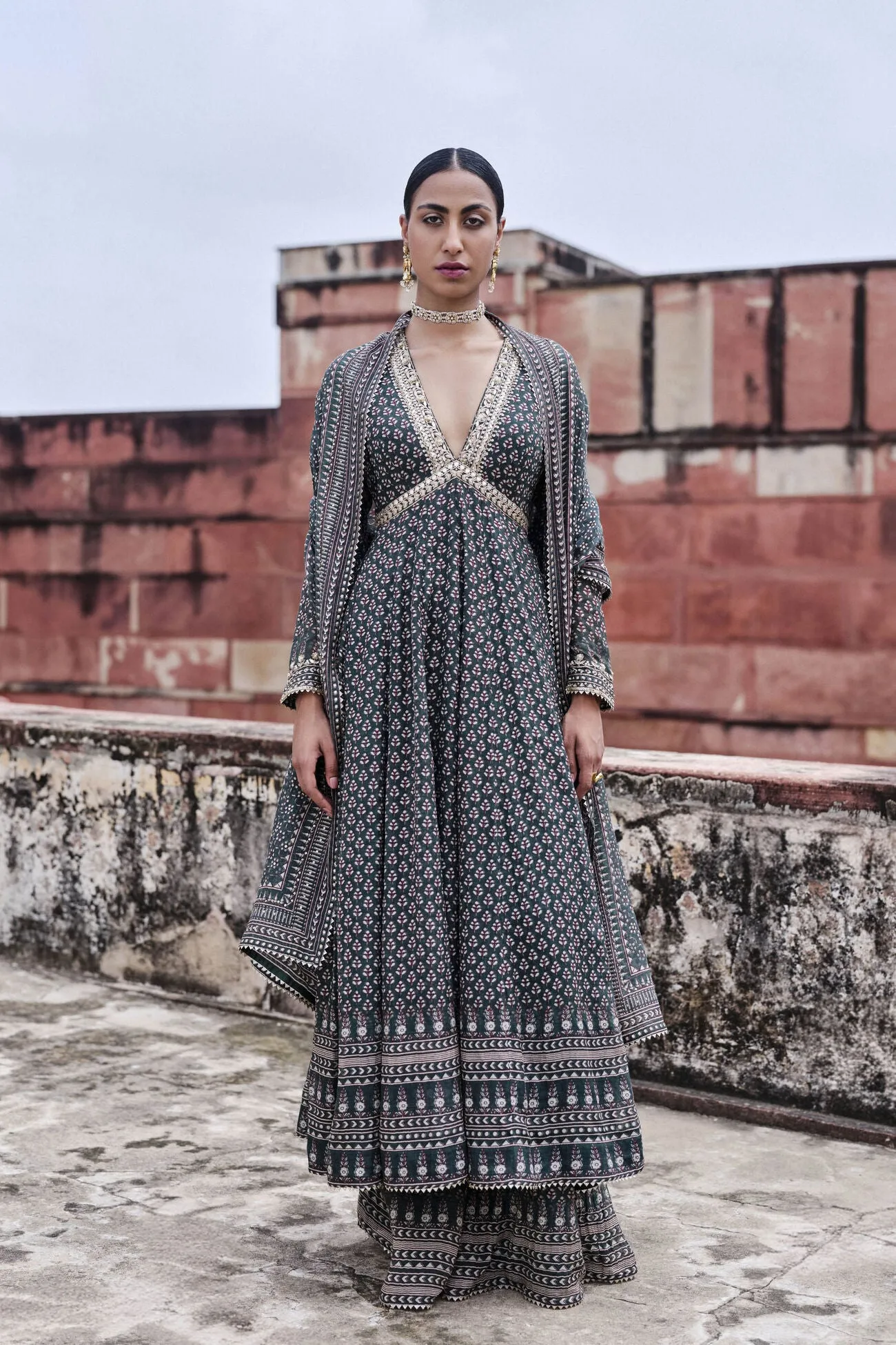 Arvia Printed Mul Anarkali Set - Green