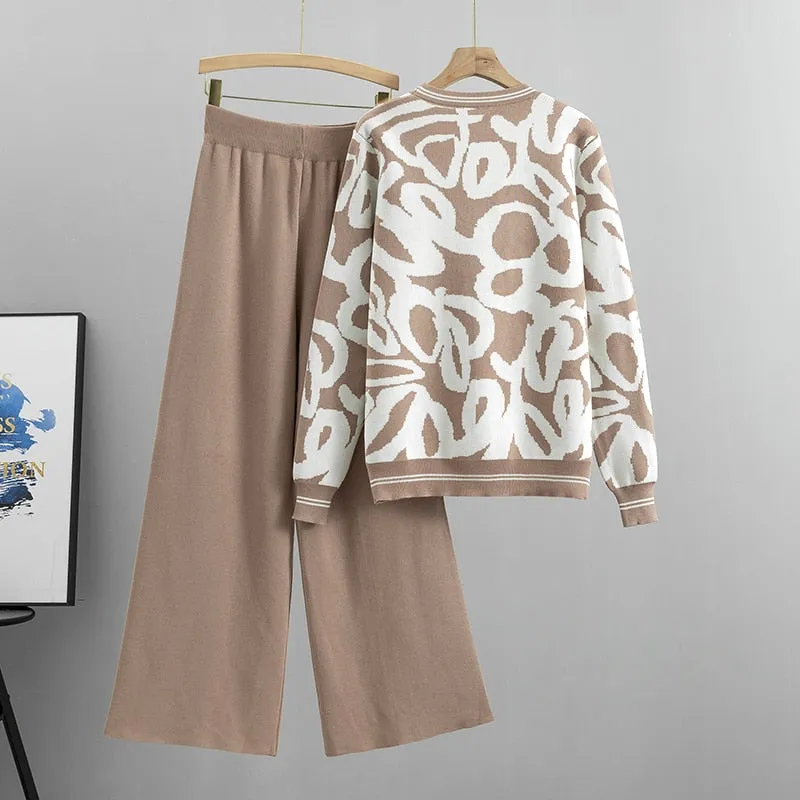 Autumn Winter New Fashion knit Long Sleeve Sweater and Pant 2 Piece Set