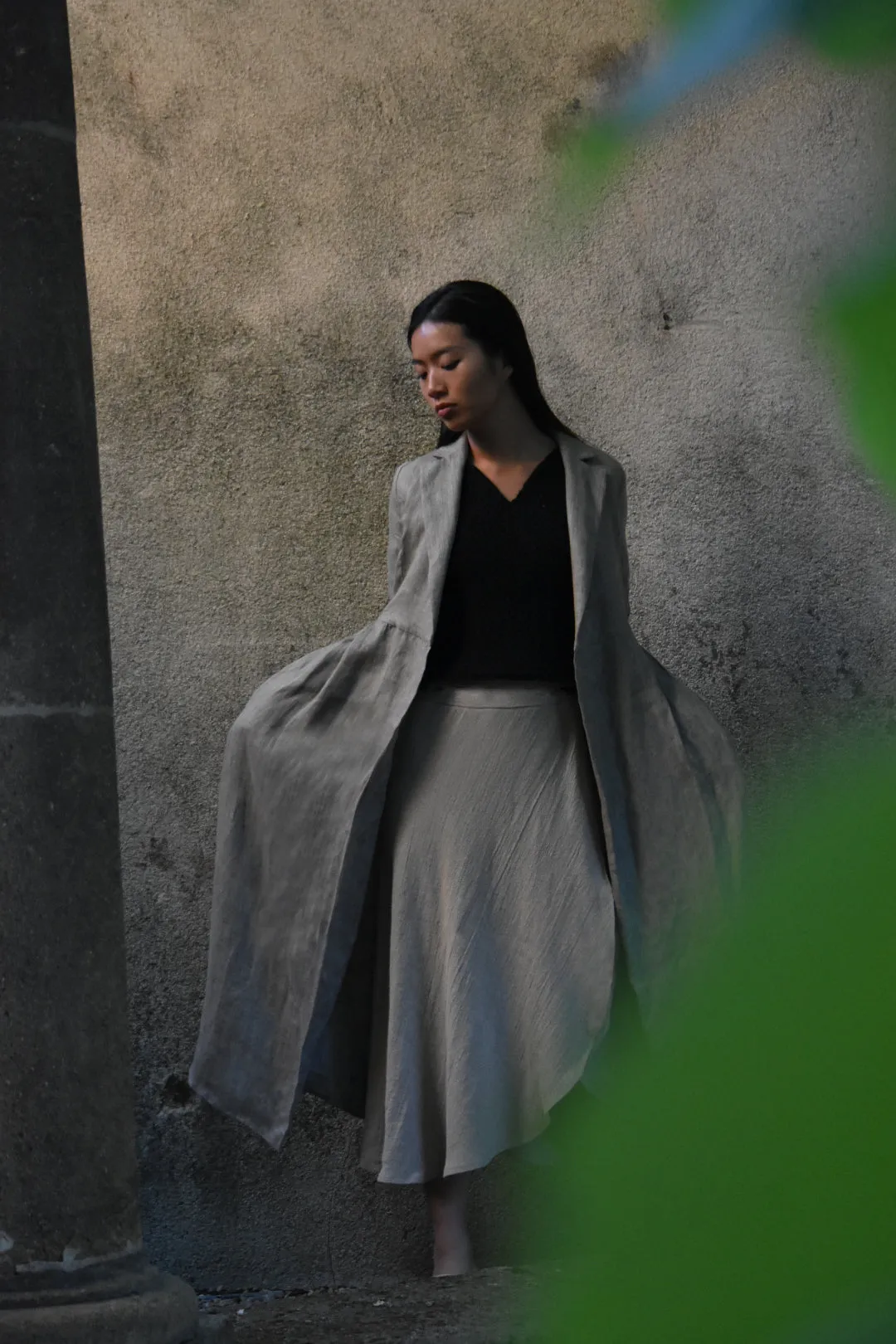 Avery Long Linen Blazer in Sky Herringbone