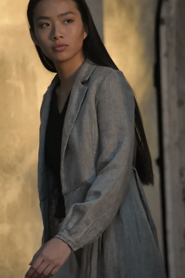 Avery Long Linen Blazer in Sky Herringbone