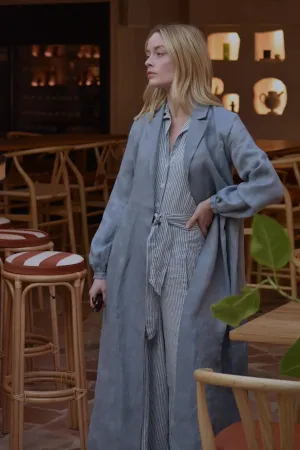 Avery Long Linen Blazer in Sky Herringbone