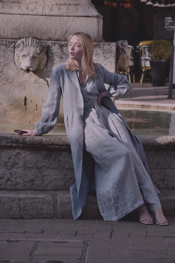 Avery Long Linen Blazer in Sky Herringbone