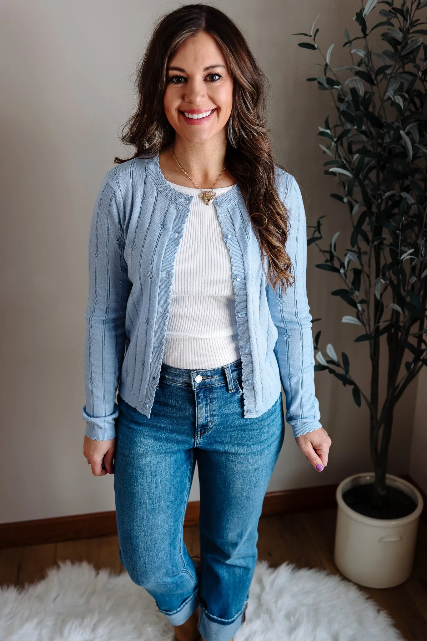Avie Floral Button Cardigan  - Powder Blue