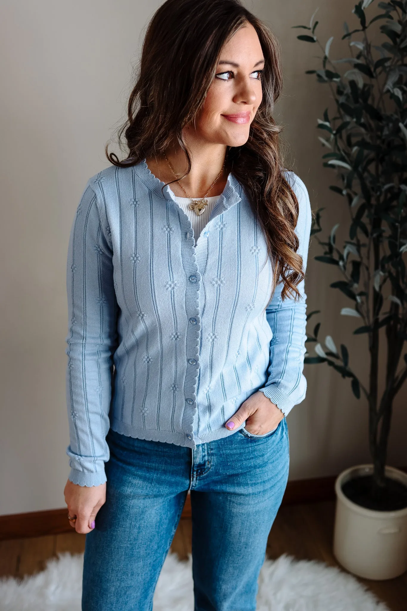 Avie Floral Button Cardigan  - Powder Blue