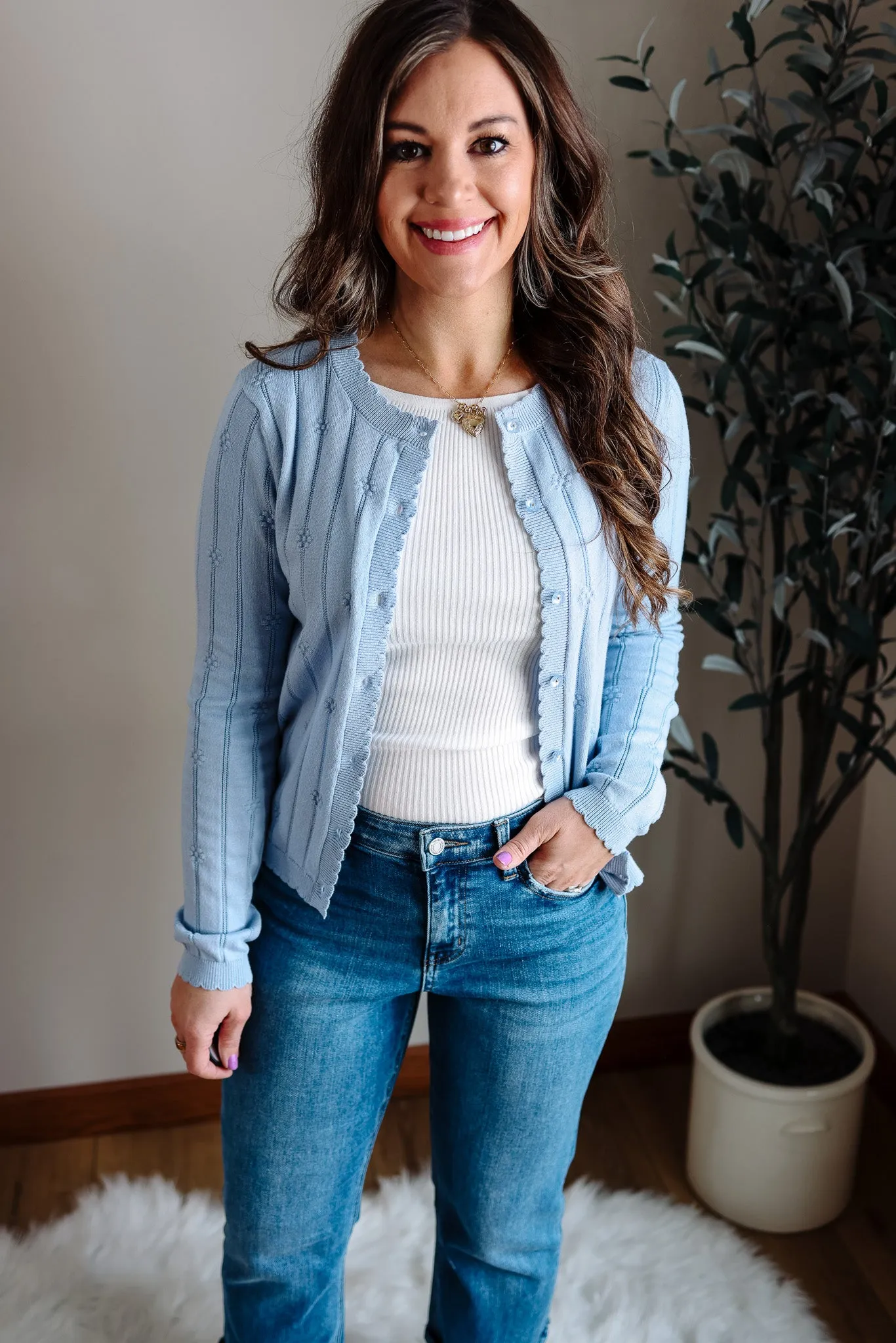 Avie Floral Button Cardigan  - Powder Blue