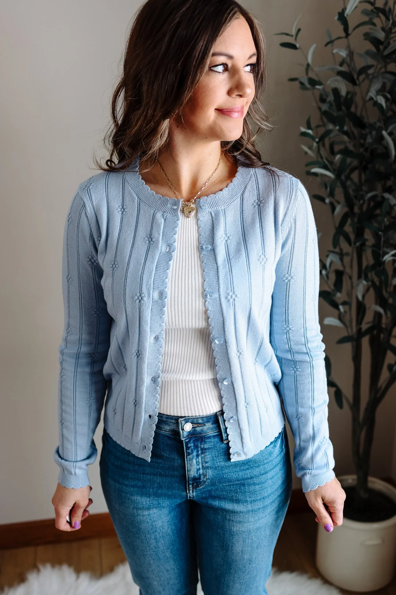 Avie Floral Button Cardigan  - Powder Blue