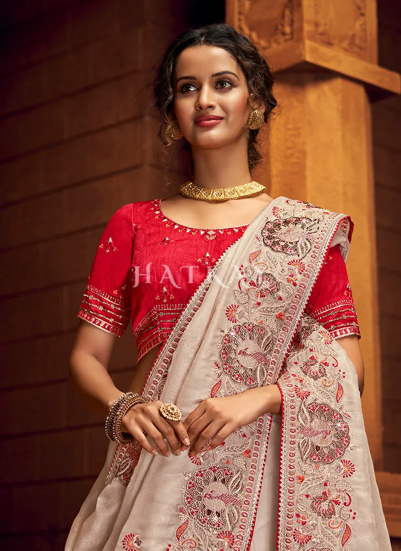 Beige And Red Multi Embroidered Partywear Saree
