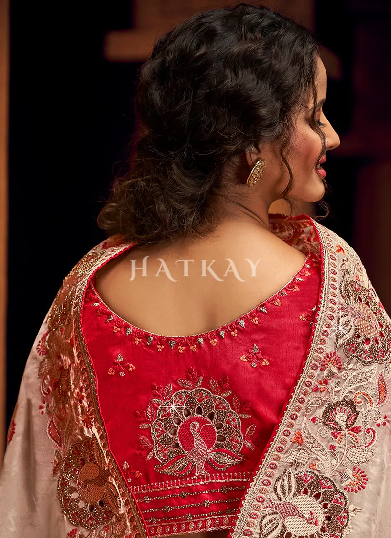 Beige And Red Multi Embroidered Partywear Saree