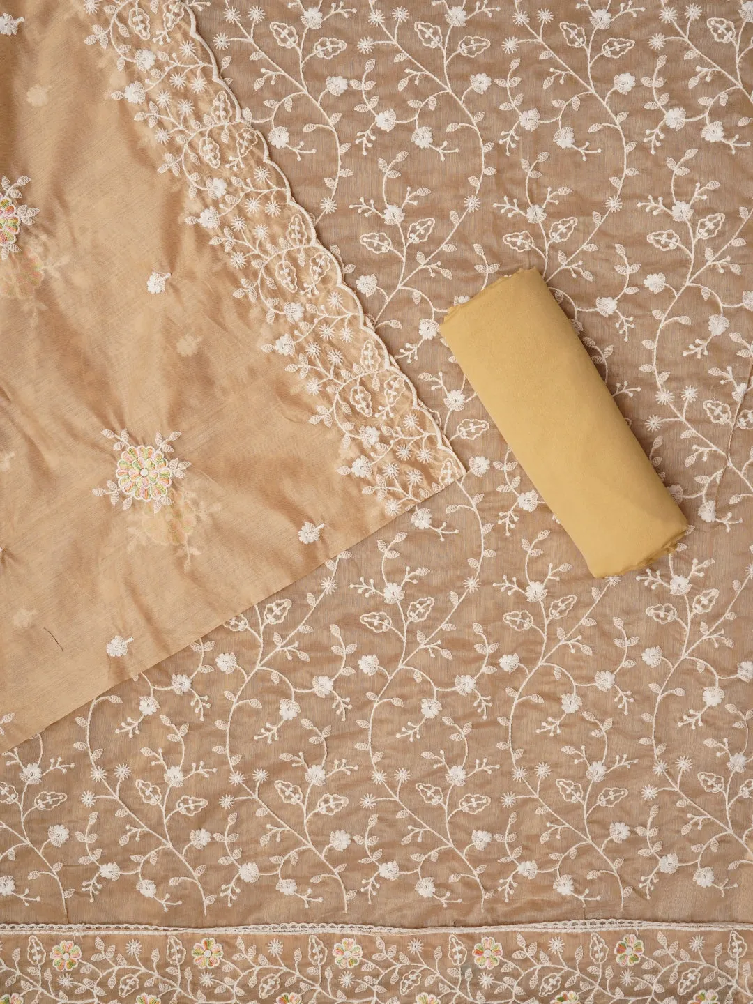 Beige Cotton Lucknowi Embroidered Dress Material with Dupatta