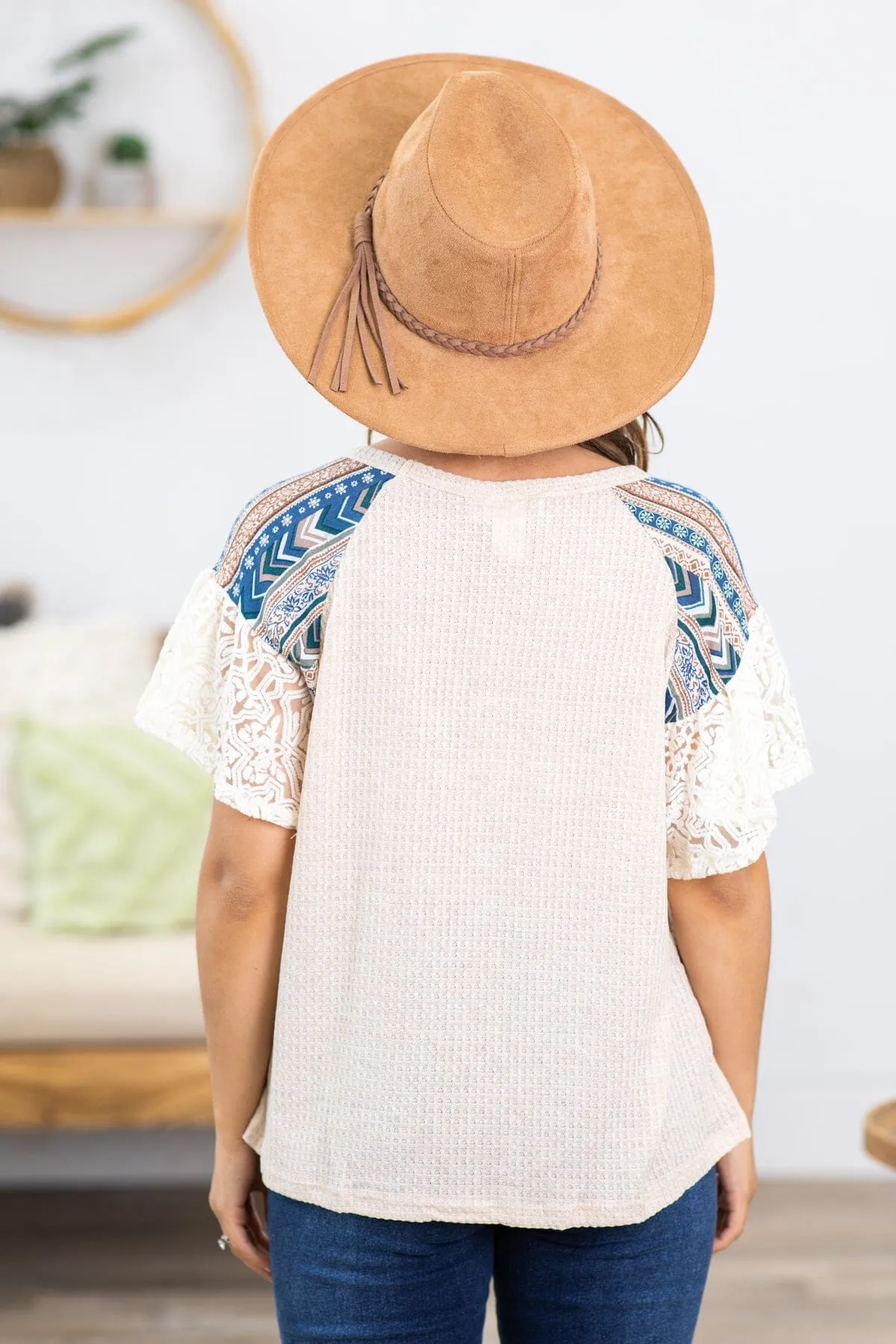 Beige Ruffle Sleeve Printed Yoke Top