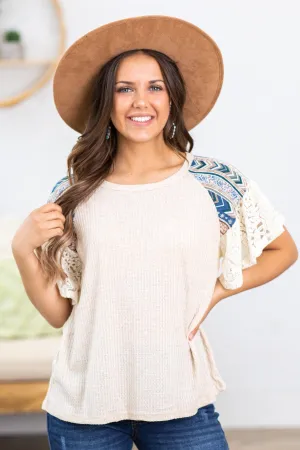 Beige Ruffle Sleeve Printed Yoke Top