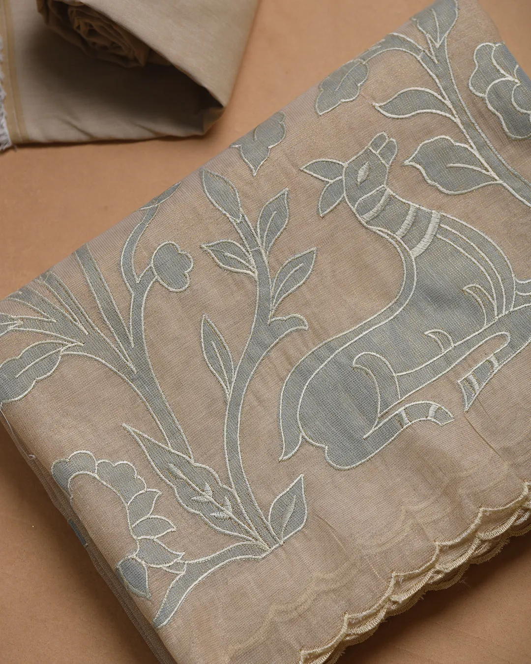 Beige With Light Blue Chanderi Tissue Blend Embroidered Unstitched Suit Fabric Set With Chanderi Tissue Blend Dupatta