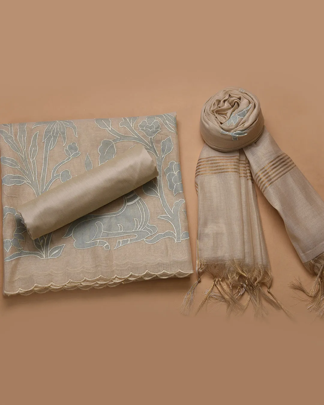 Beige With Light Blue Chanderi Tissue Blend Embroidered Unstitched Suit Fabric Set With Chanderi Tissue Blend Dupatta