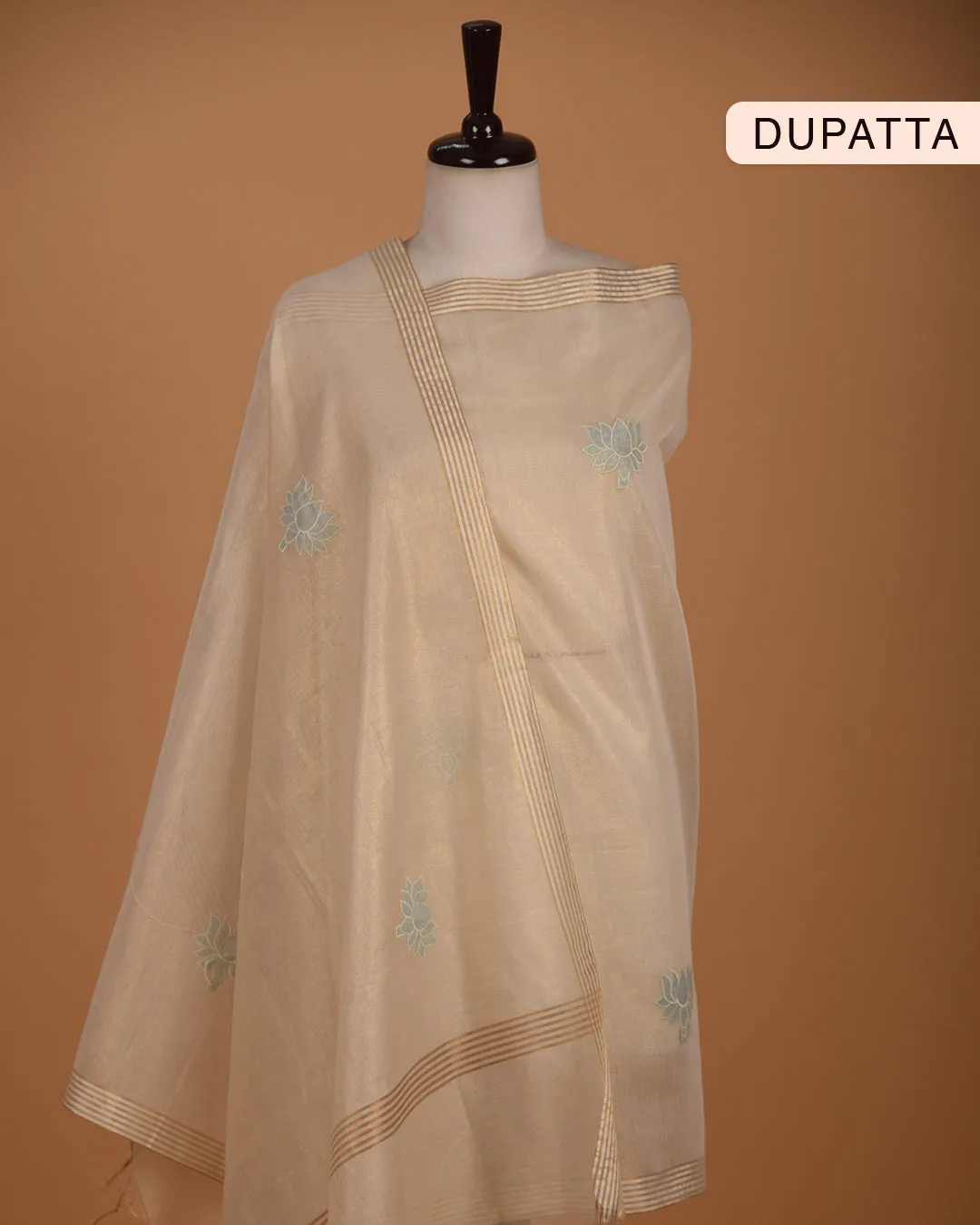 Beige With Light Blue Chanderi Tissue Blend Embroidered Unstitched Suit Fabric Set With Chanderi Tissue Blend Dupatta