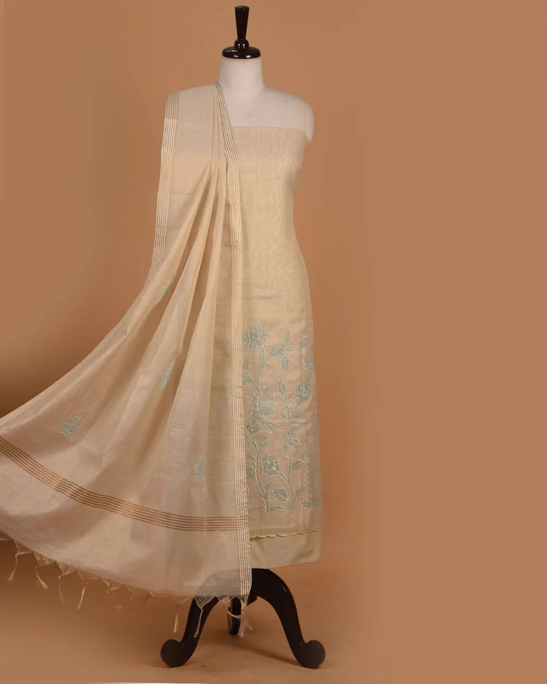 Beige With Light Blue Chanderi Tissue Blend Embroidered Unstitched Suit Fabric Set With Chanderi Tissue Blend Dupatta