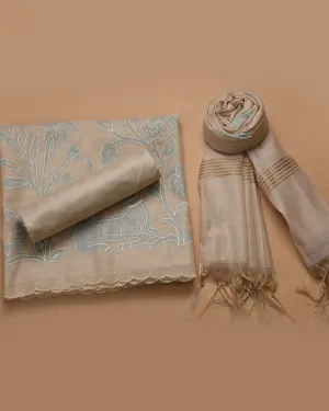 Beige With Light Blue Chanderi Tissue Blend Embroidered Unstitched Suit Fabric Set With Chanderi Tissue Blend Dupatta