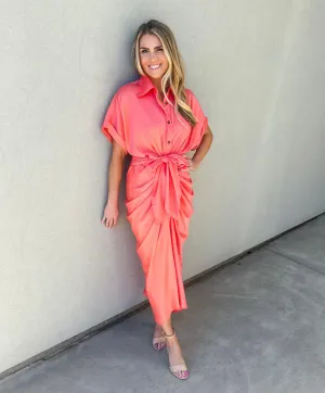 Beloved Gathered Button Down Midi Dress (Neon Coral)