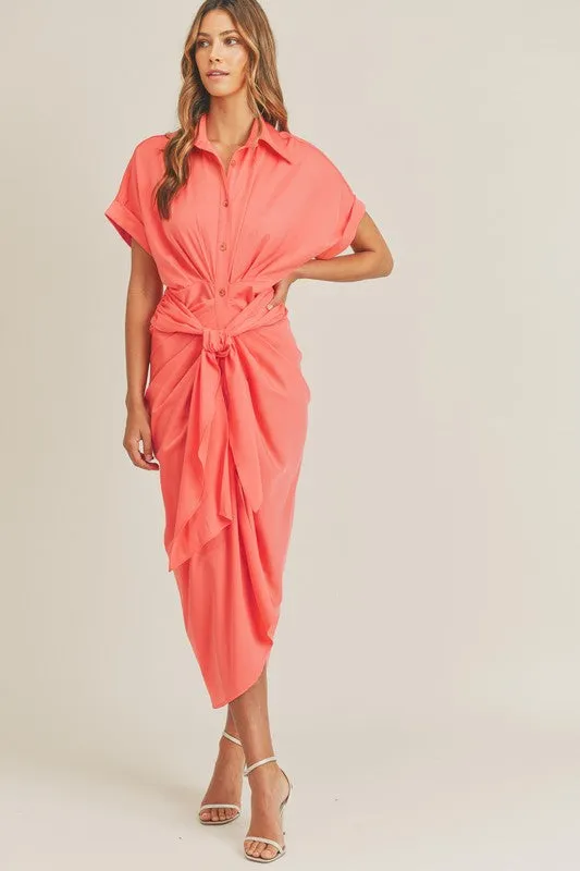Beloved Gathered Button Down Midi Dress (Neon Coral)