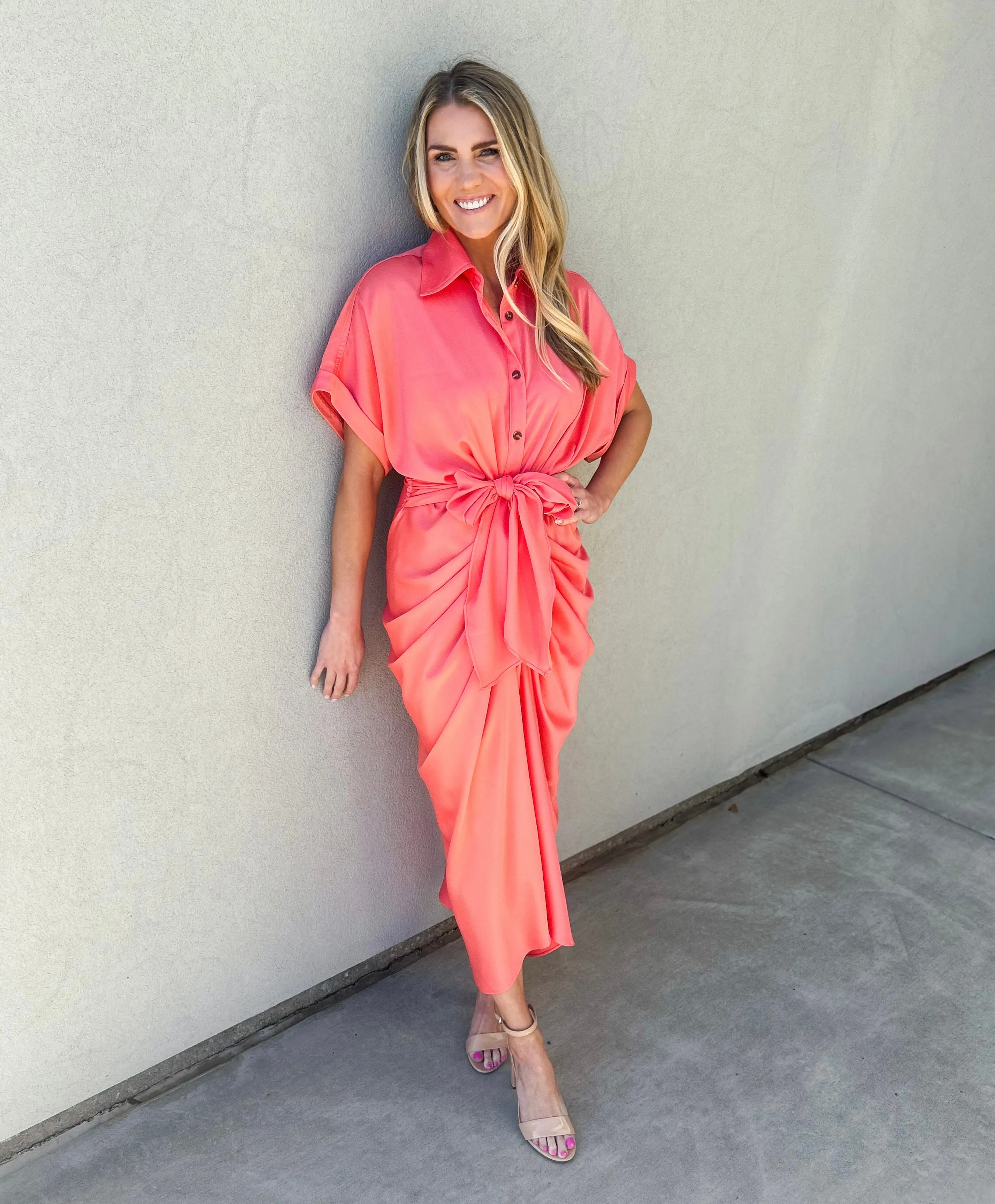 Beloved Gathered Button Down Midi Dress (Neon Coral)