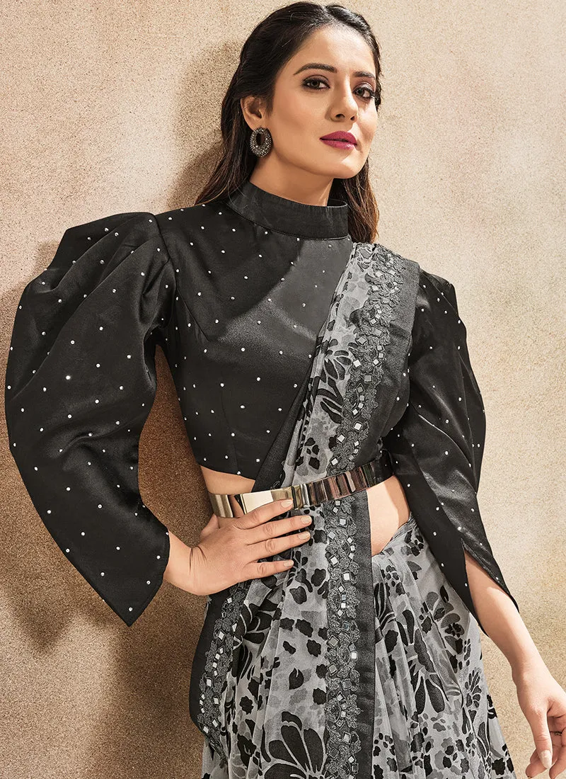 Black And White Mirror Embroidered Party Wear Saree