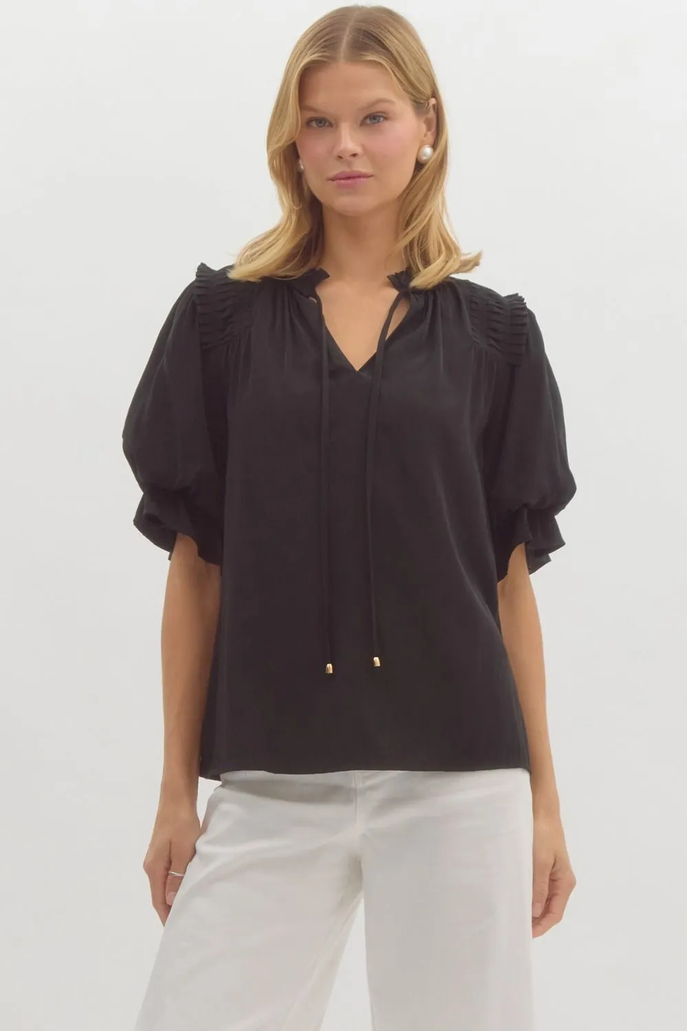 Black Bubble Sleeve Ruffle Top