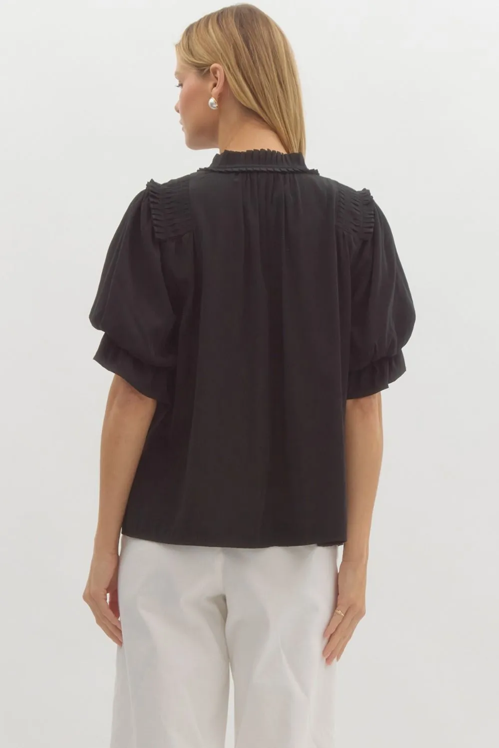 Black Bubble Sleeve Ruffle Top