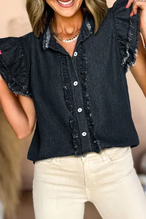 Black Button Front Ruffled Flutter Frayed Denim Top