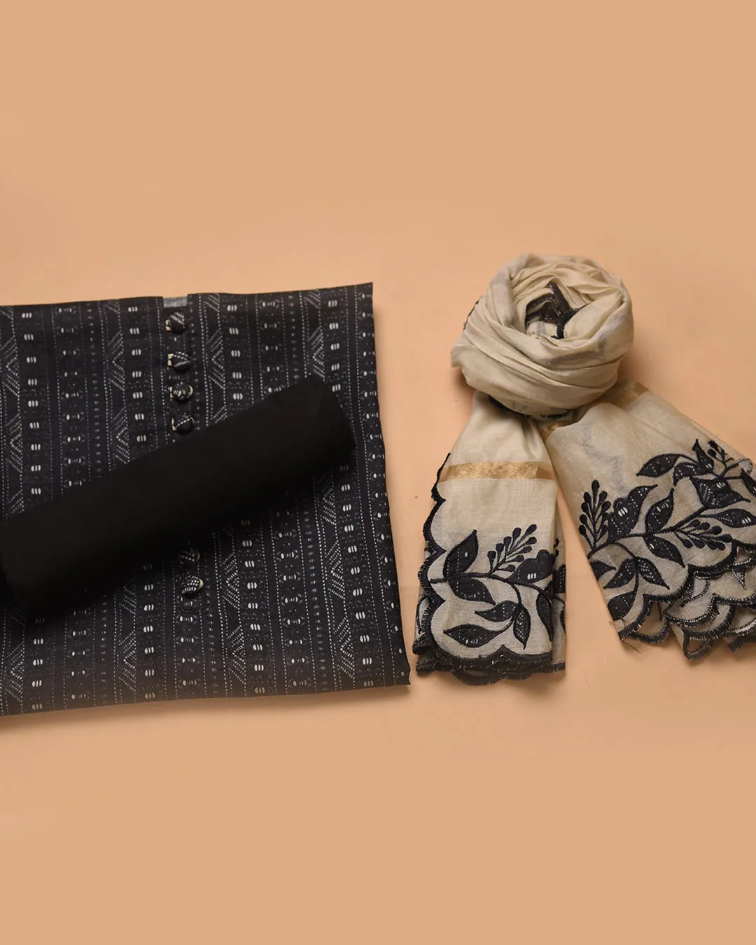 Black Cotton Silk Blend Abstract Printed Unstitched Suit Fabric Set With Chanderi Embroidered Dupatta