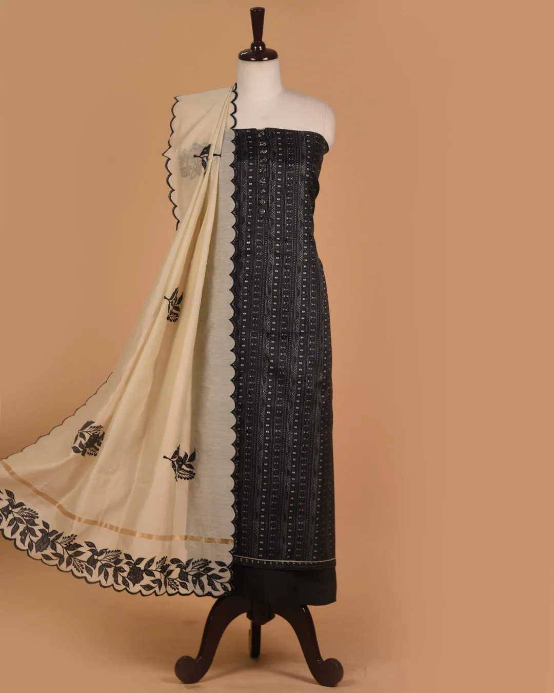 Black Cotton Silk Blend Abstract Printed Unstitched Suit Fabric Set With Chanderi Embroidered Dupatta