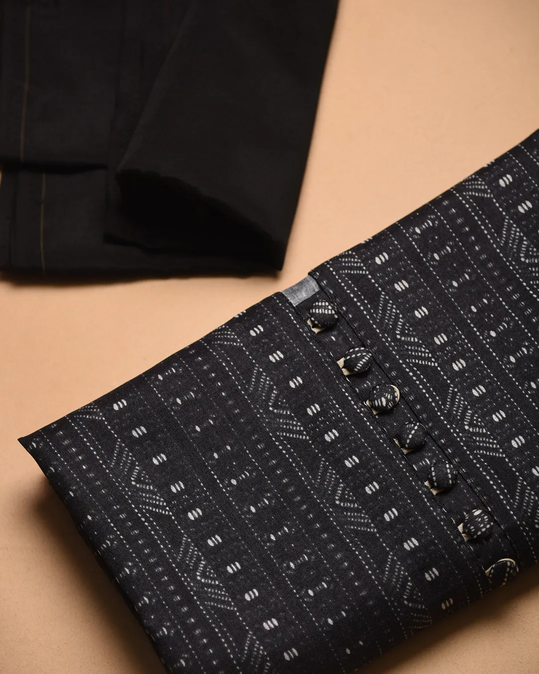 Black Cotton Silk Blend Abstract Printed Unstitched Suit Fabric Set With Chanderi Embroidered Dupatta