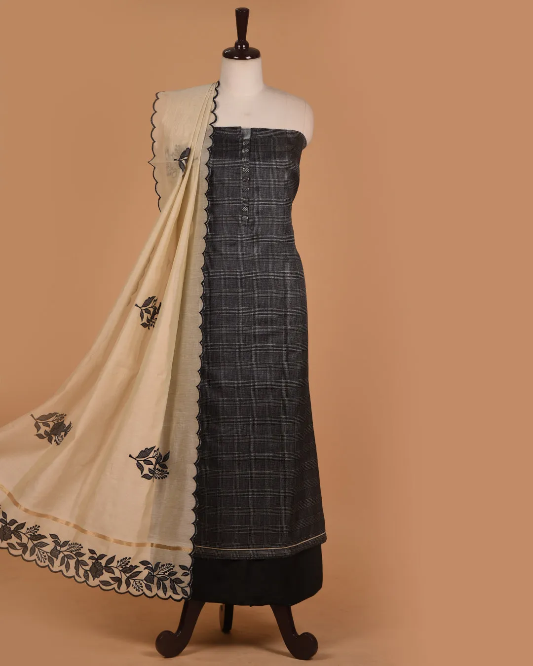Black Cotton Silk Blend Check Printed Unstitched Suit Fabric Set With Chanderi Embroidered Dupatta