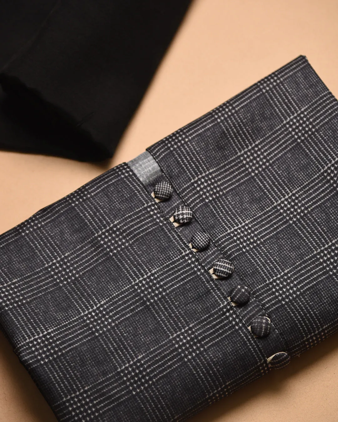 Black Cotton Silk Blend Check Printed Unstitched Suit Fabric Set With Chanderi Embroidered Dupatta