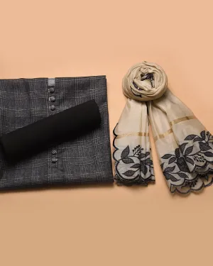Black Cotton Silk Blend Check Printed Unstitched Suit Fabric Set With Chanderi Embroidered Dupatta