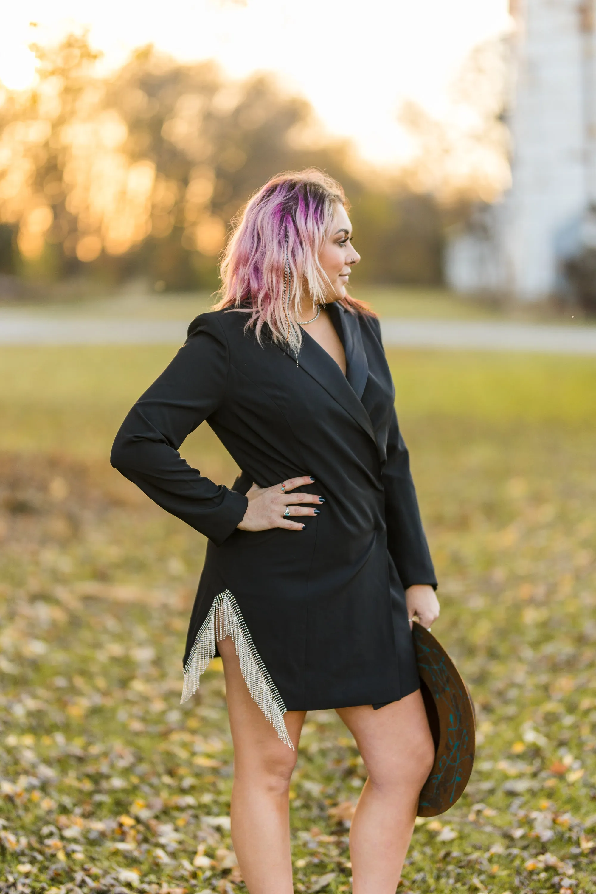 Black Falling Rhinestone Blazer Dress