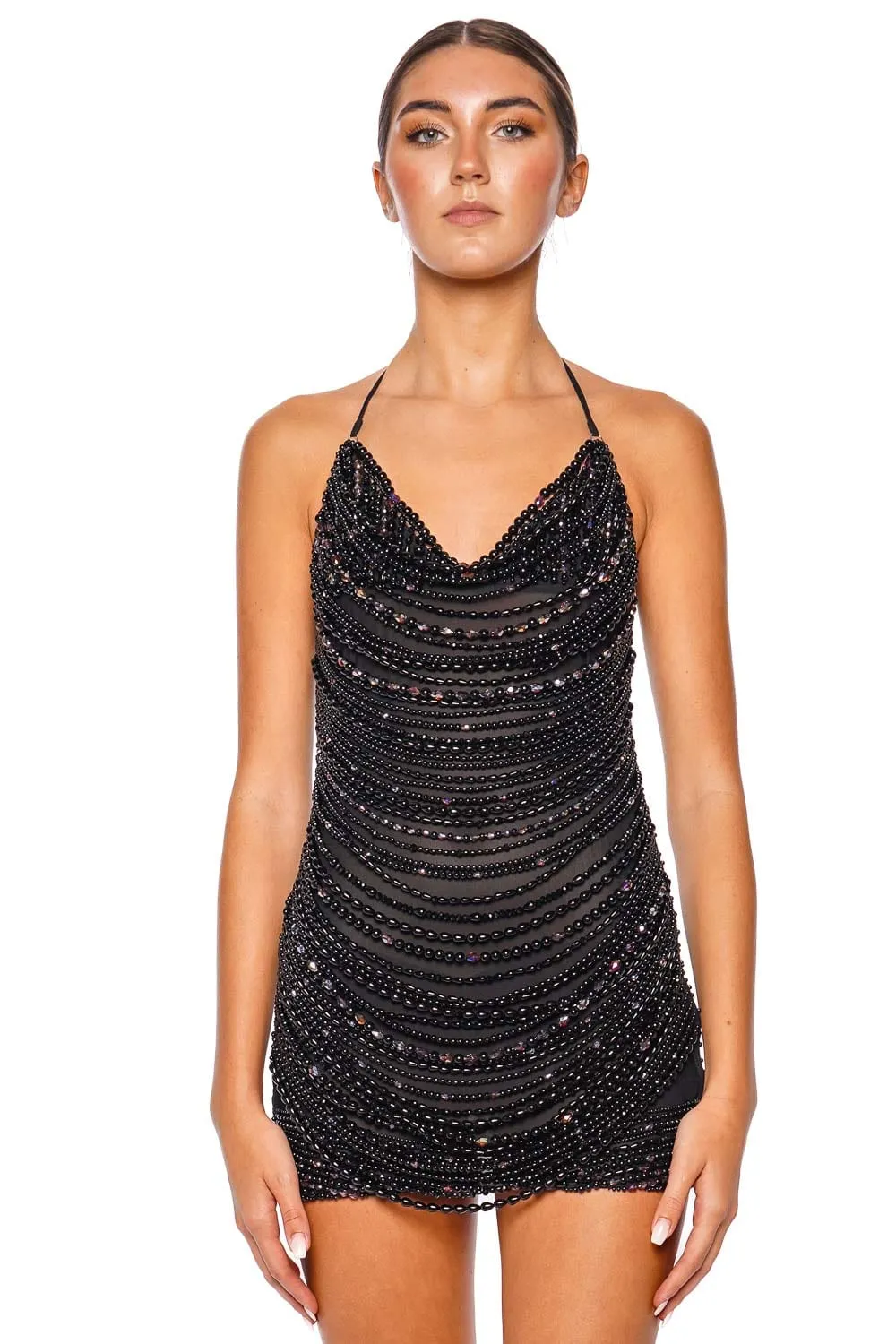 Black Floating Pearl Halter Mini Dress