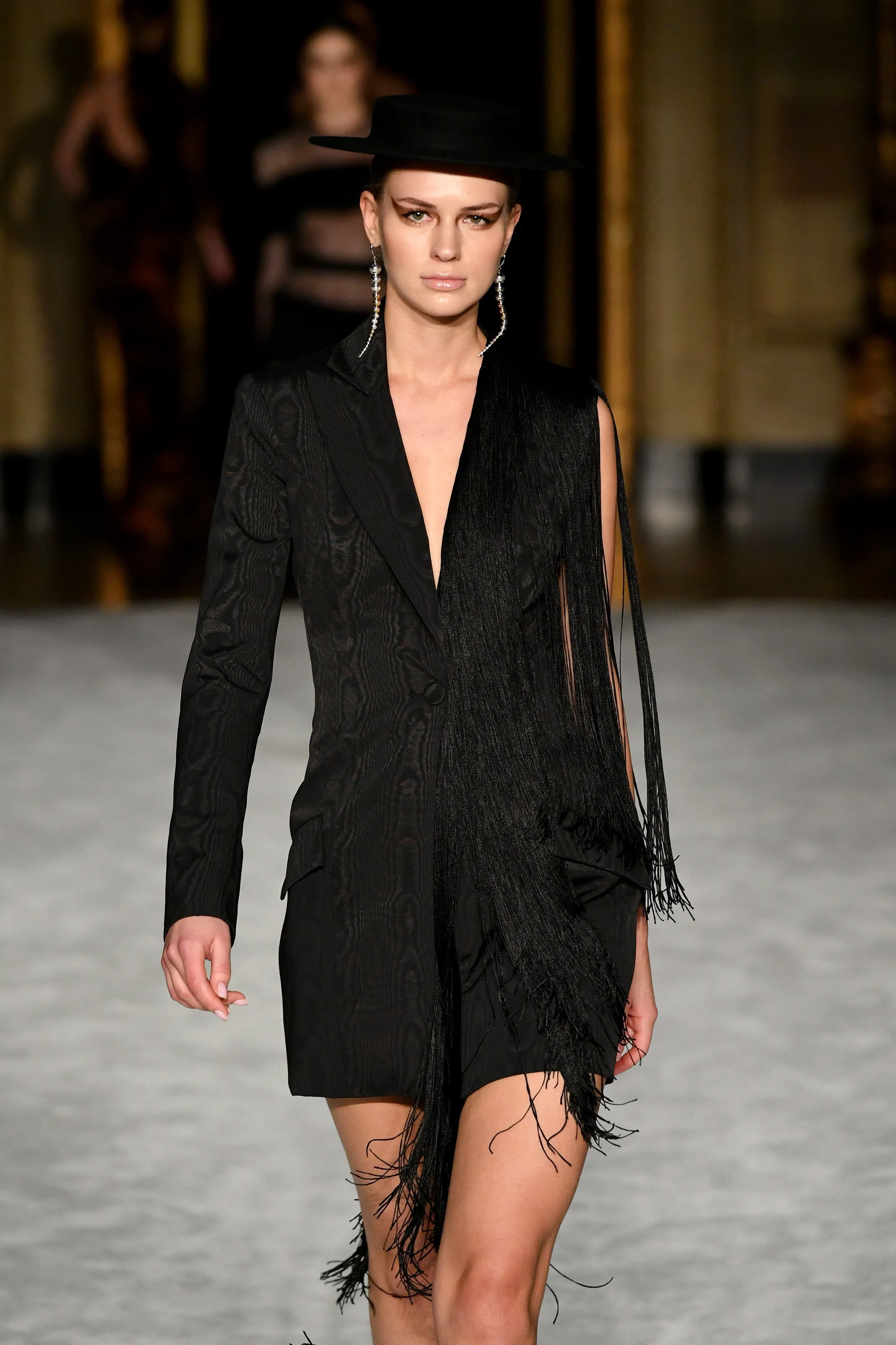 Black Moire One Sleeved Fringe Detailed Blazer Dress