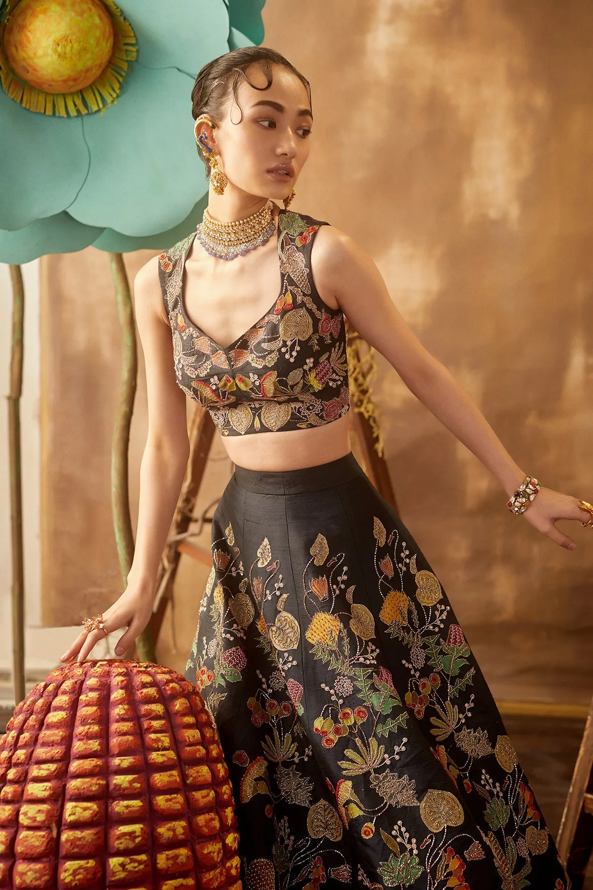 Black Pastiche Raw Silk Appliquéd And Embellished Lehenga With Blouse And Cutwork Dupatta