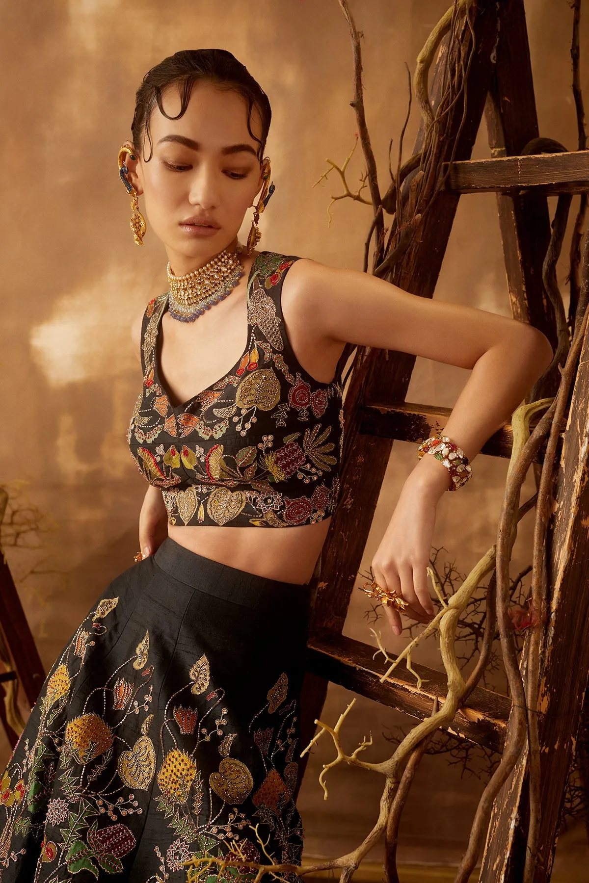 Black Pastiche Raw Silk Appliquéd And Embellished Lehenga With Blouse And Cutwork Dupatta