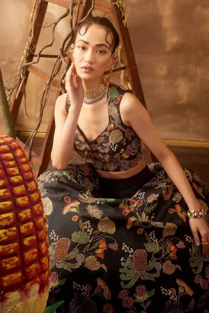 Black Pastiche Raw Silk Appliquéd And Embellished Lehenga With Blouse And Cutwork Dupatta