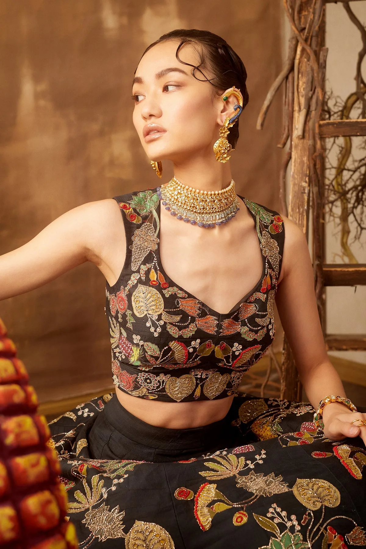 Black Pastiche Raw Silk Appliquéd And Embellished Lehenga With Blouse And Cutwork Dupatta