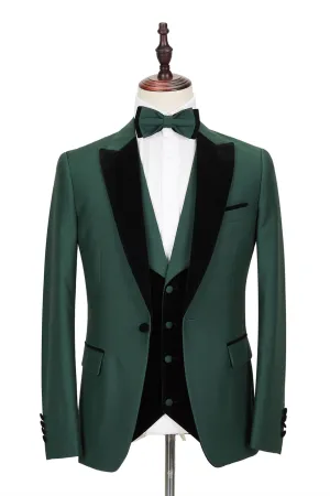 Black Peak Lapel Dark Green Men's Wedding Suit Velvet Banding Edge Formal Suit