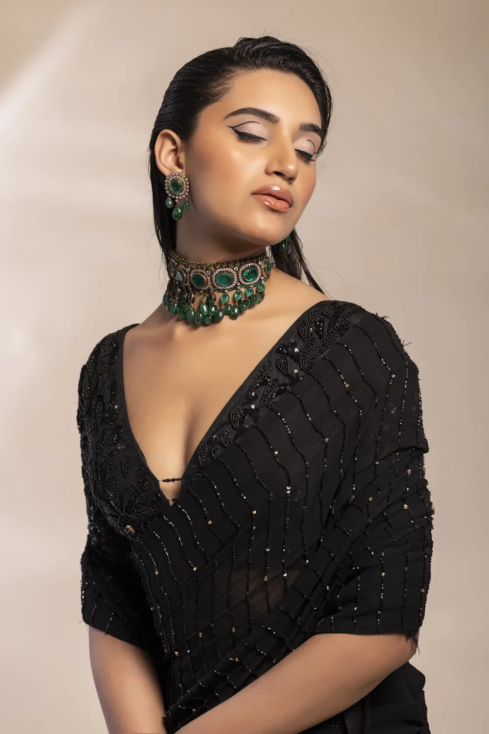 Black Saree With Feather Motifs   Embellished Blouse With An Additinal Waiscoat To Accessorize