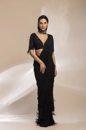Black Saree With Feather Motifs   Embellished Blouse With An Additinal Waiscoat To Accessorize