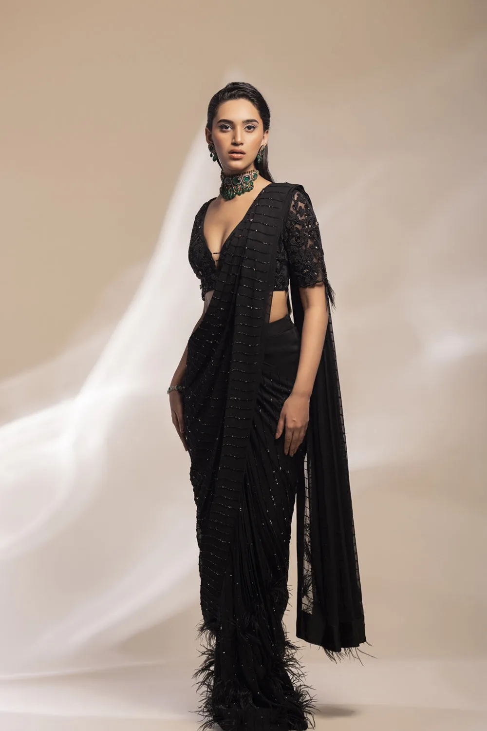 Black Saree With Feather Motifs   Embellished Blouse With An Additinal Waiscoat To Accessorize