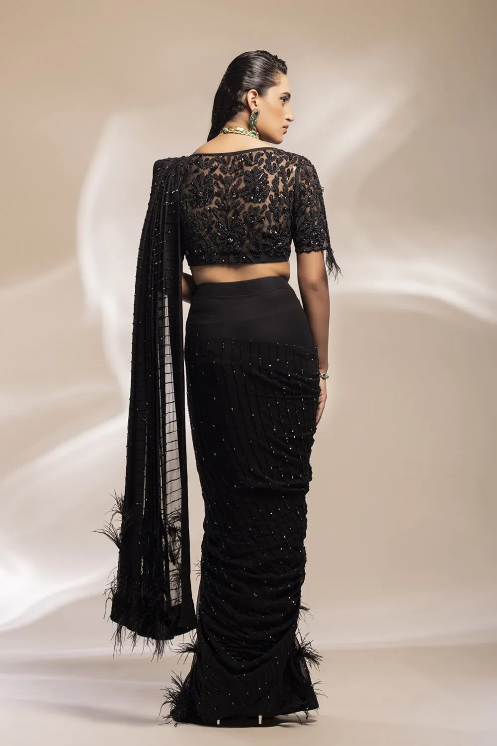 Black Saree With Feather Motifs   Embellished Blouse With An Additinal Waiscoat To Accessorize