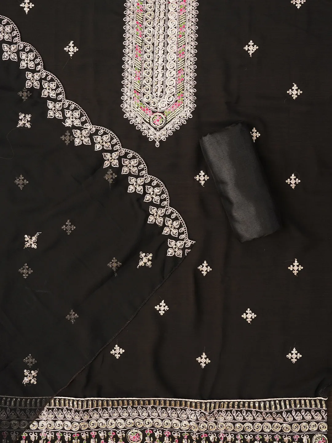 Black Zari Embroidered Silk Georgette Dress Material with Dupatta