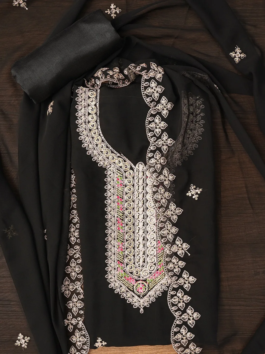 Black Zari Embroidered Silk Georgette Dress Material with Dupatta