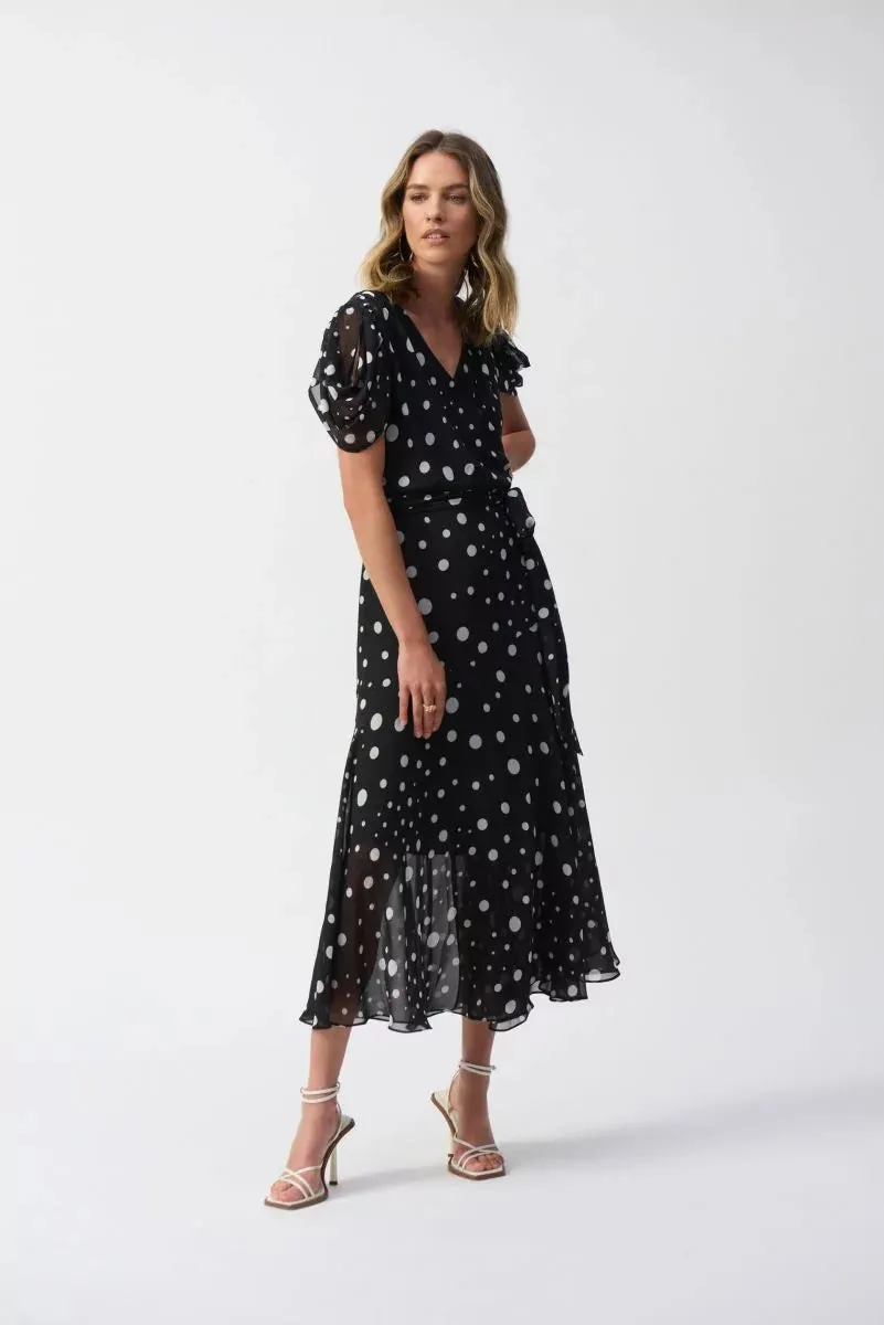 Black/Vanilla Chiffon Dot Print Wrap Dress Style 251907