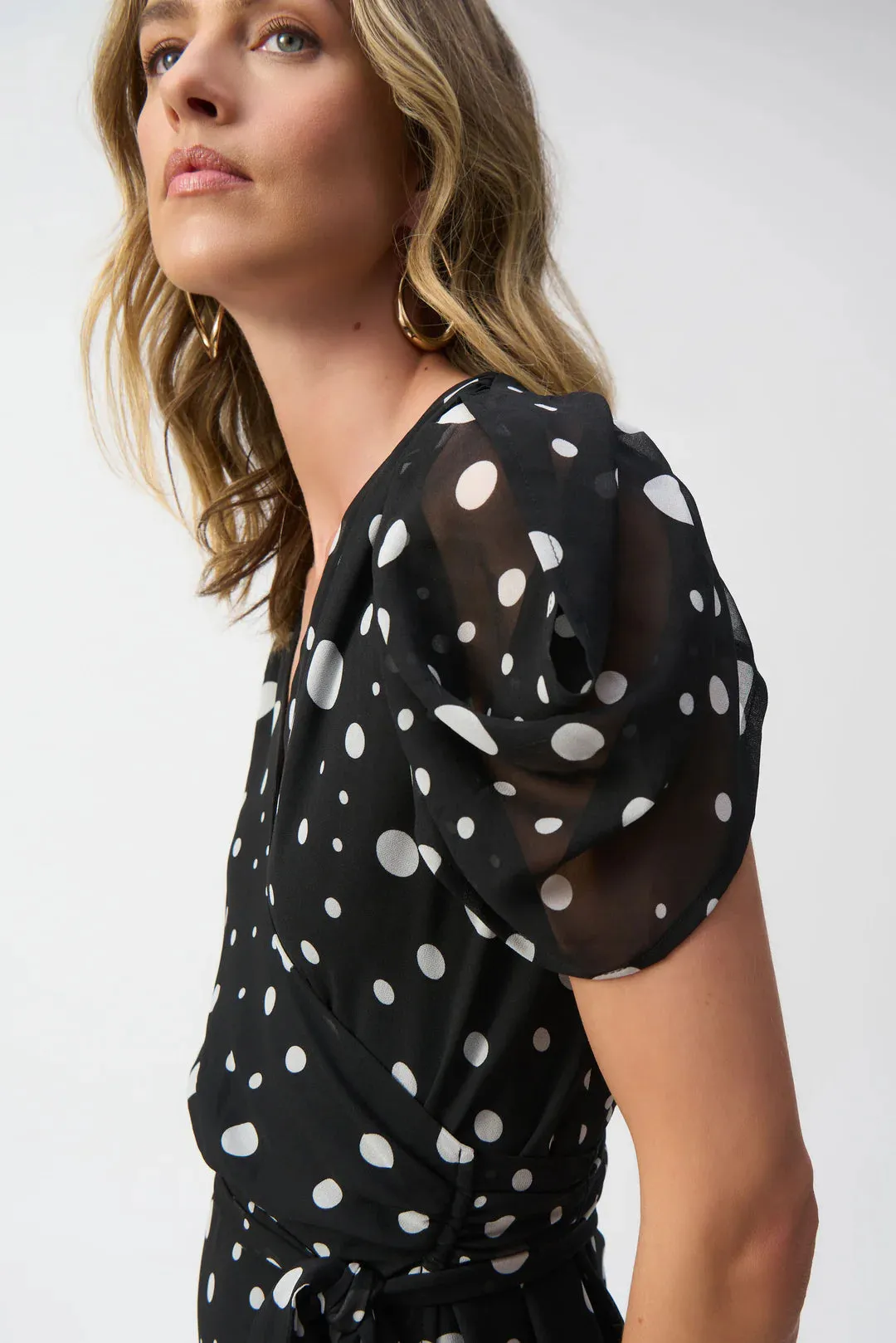 Black/Vanilla Chiffon Dot Print Wrap Dress Style 251907
